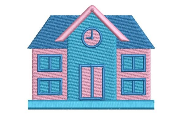 Cute School Building Embroidery Design for Creative Projects